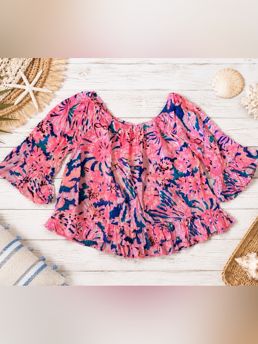 Lilly Pulitzer Corie Top XS Multi Swirling Seadream Off Shoulder Ruffle Resort